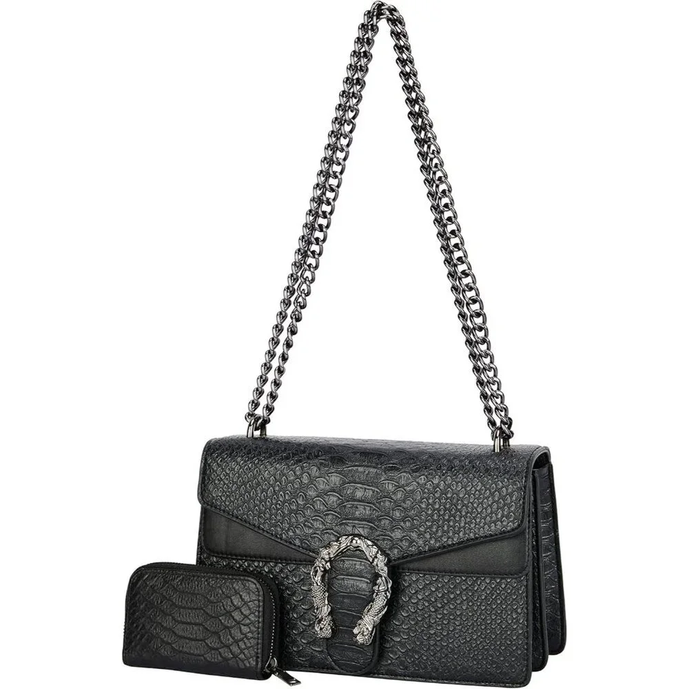 ⚡ Women's Leather Vintage Snake Print Crossbody Black Square Satchel Handbag